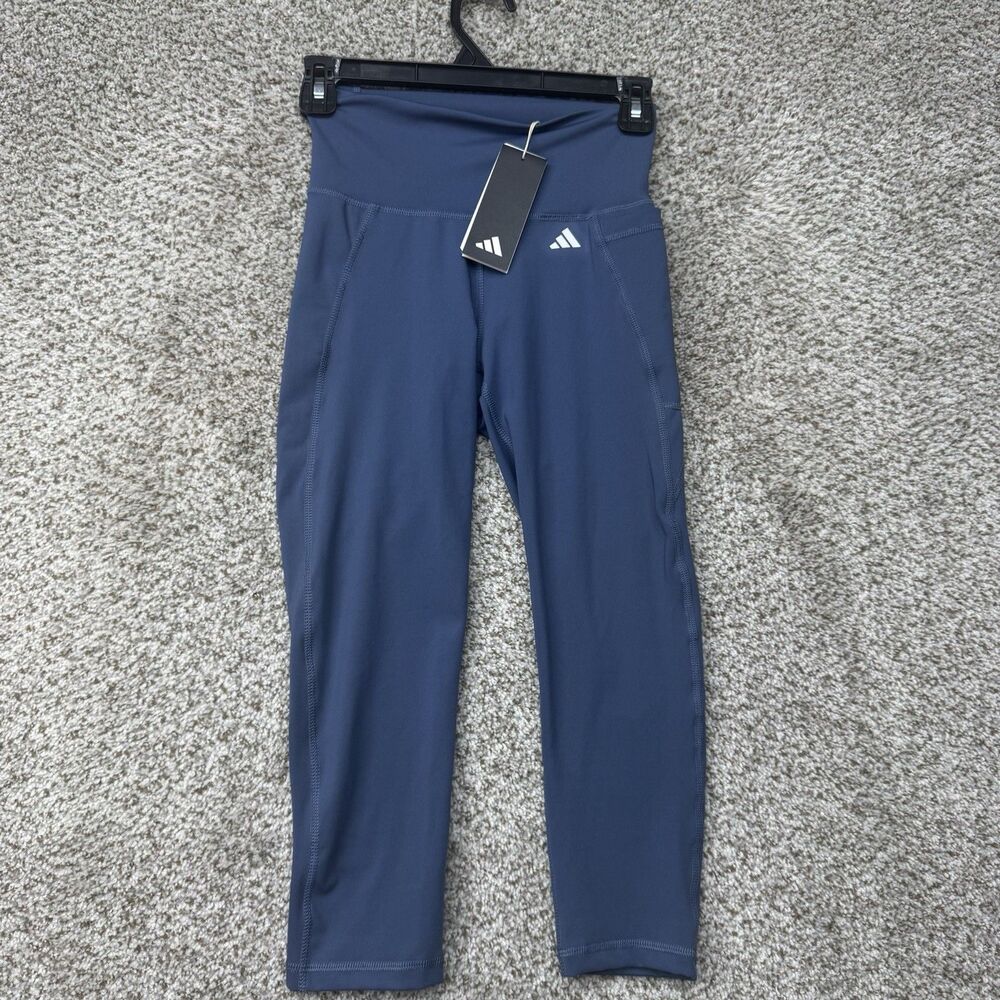 Adidas Optime Stash Pocket‎ Tights Womens Small Navy Blue Logo OPT ST 34 TIG New